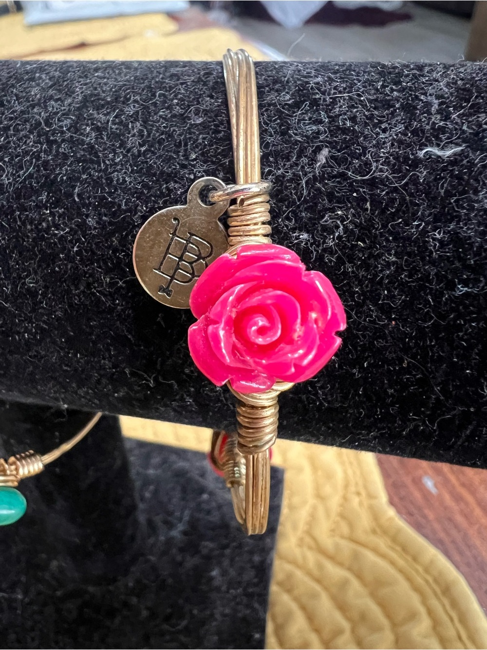 Bourbon and Bowties Gold Wire Bracelet with Bright Pink Rose Charm